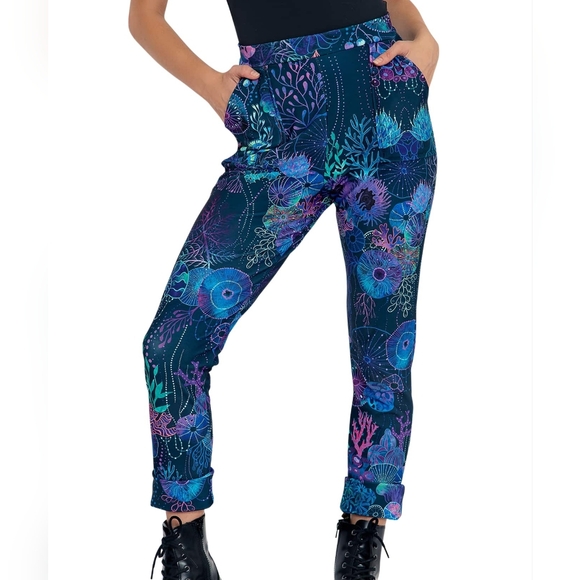 Blackmilk Pants - Blackmilk Floral Coral Blue Rainbow Ocean Cuffed Pants Size Large